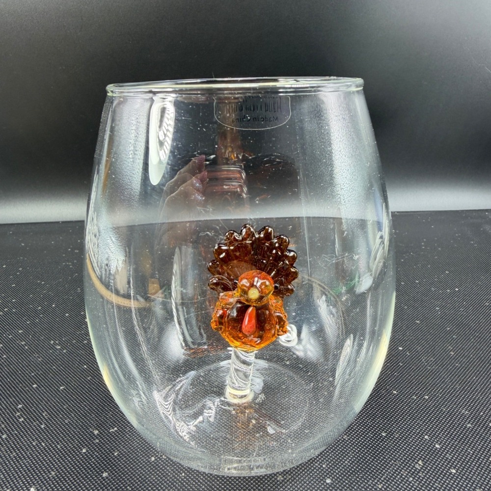 Crate and Barrel Turkey Stemless Wine Glasses Set of 2 Thanksgiving Glassware - Picture 6 of 10